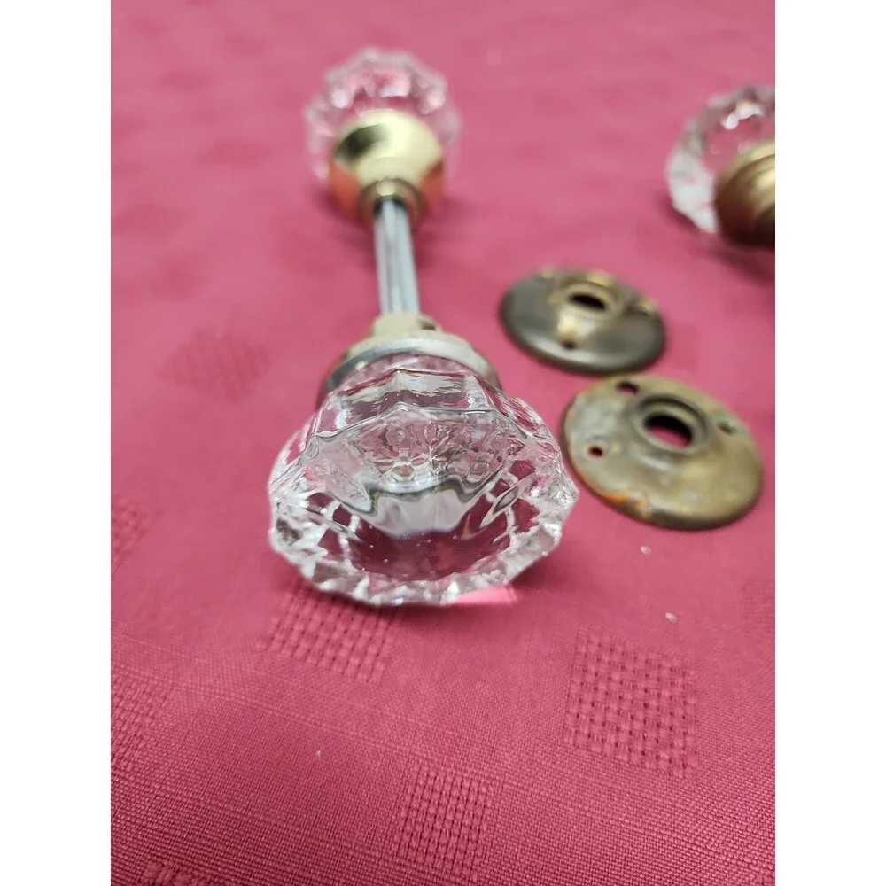 Vintage 12 Point Crystal Door Knob Sets With Spindle And Bezels Lot Of 2 ~ 1930s